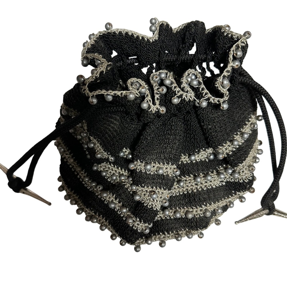 Vintage 1930s Crocheted‎ Black and Silver Beaded Drawstring Purse